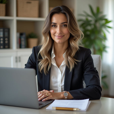 Portrait of a young businesswoman sitting at her desk with a laptop in her office.の素材