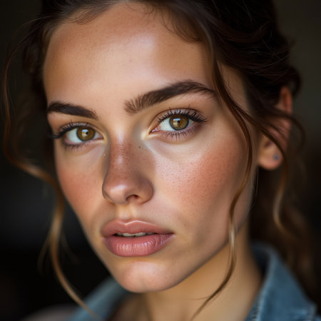 Portrait of a beautiful young woman with freckles on her faceの素材