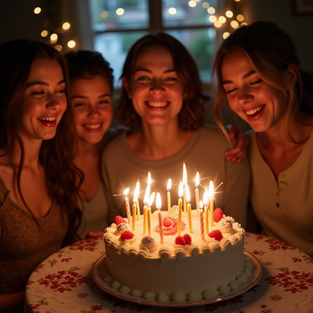 Birthday party. Group of happy young women smiling and looking at cake with candlesの素材
