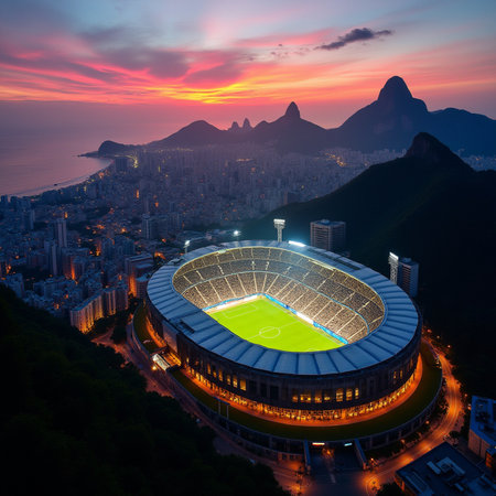 Aerial view of Sugarloaf Stadium at sunset, Rio de Janeiro, Brazilの素材