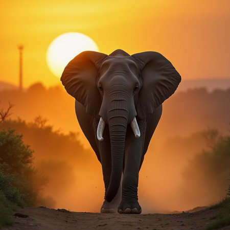 African elephant walking towards the sun at sunset in Kruger National Park, South Africaの素材