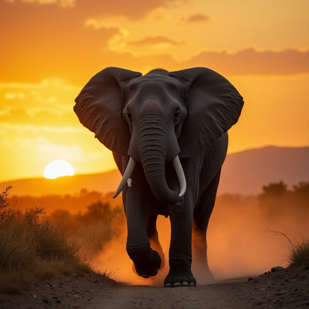 Elephant at sunset in Kruger National Park, South Africa ; Specie Loxodonta africana family of Elephantidaeの素材