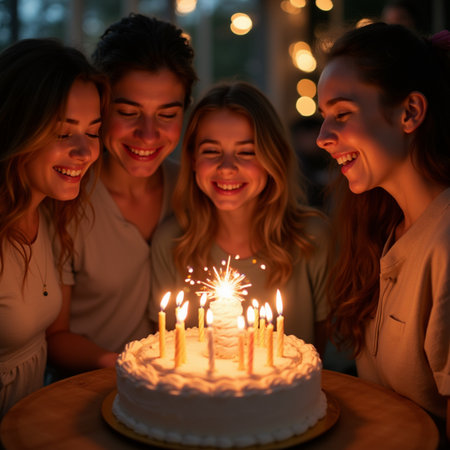 celebration, holidays, birthday and people concept - group of happy friends with sparklers and cake at homeの素材