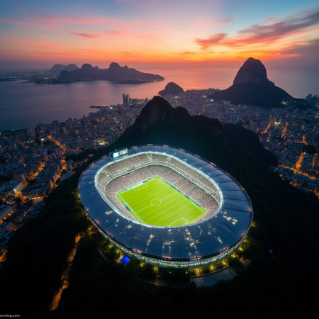 Rio de Janeiro, Brazil. Aerial view of Rio de Janeiro Stadium at sunset.の素材