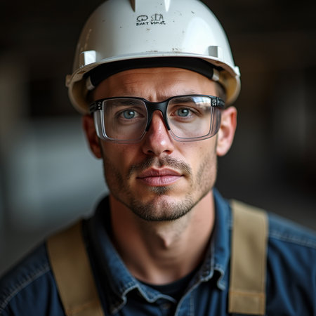 Portrait of a young male construction worker wearing safety helmet and glassesの素材