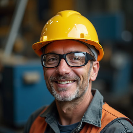 Portrait of a happy mature male construction worker wearing safety helmet and glasses in a factoryの素材