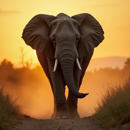 African elephant walking in the savannah at sunset, Kruger National Park, South Africaの素材