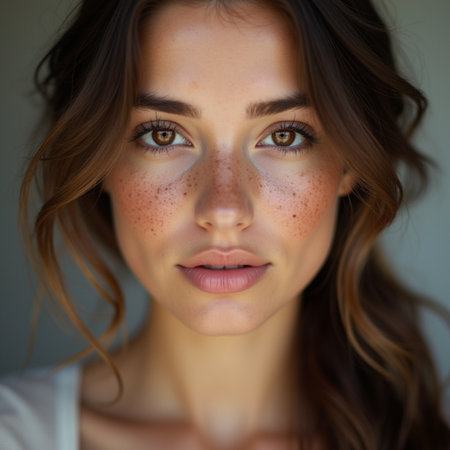 Portrait of a beautiful young woman with freckles on her faceの素材
