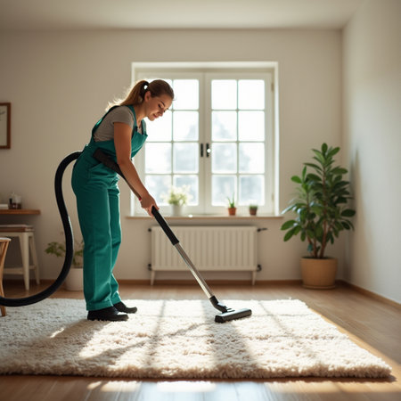 Woman Cleaning Carpet With Vacuum Cleaner At Home.の素材
