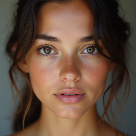 Portrait of a beautiful young girl with freckles on her faceの素材