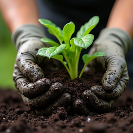 Closeup of hands of gardener holding green seedling in soilの素材