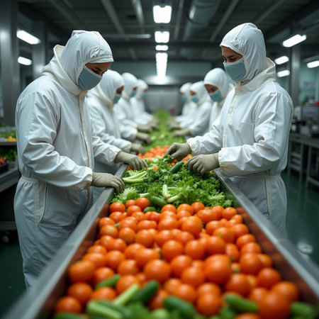 factory workers in protective suits and masks working with fresh vegetables on conveyor beltの素材