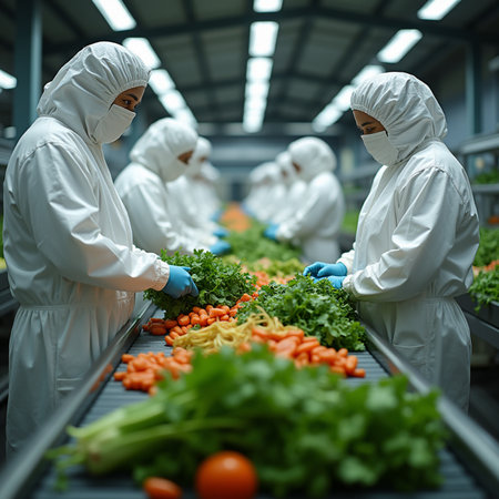 factory workers in protective suits and masks working with fresh vegetables on conveyor beltの素材