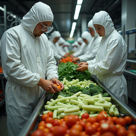 Group of factory workers in white coats with fresh vegetables on conveyor beltの素材