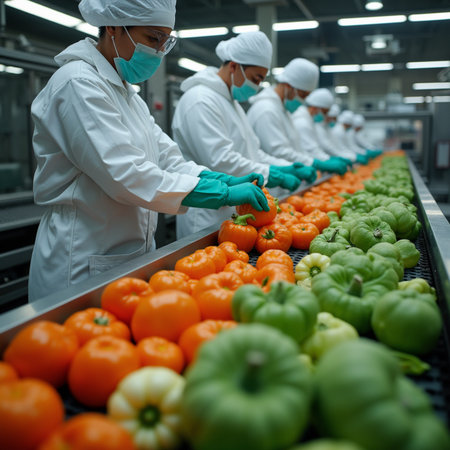 group of workers in white coats and masks sorting vegetables in the factoryの素材