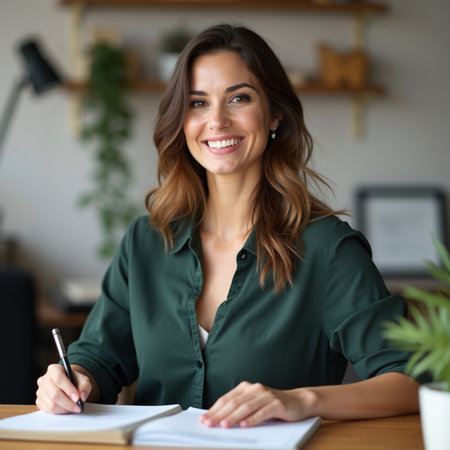 Portrait of smiling businesswoman writing in notebook at workplace in officeの素材