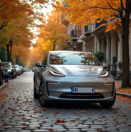 Rear view of a Tesla Model S parked in the streetの素材