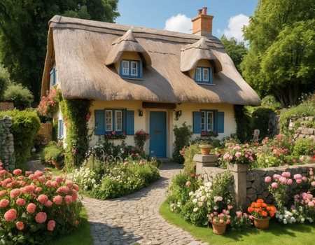 Beautiful little cottage with thatched roof in the garden in springの素材
