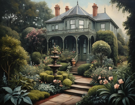 Garden design with old house and flowers. Vintage painting style.の素材