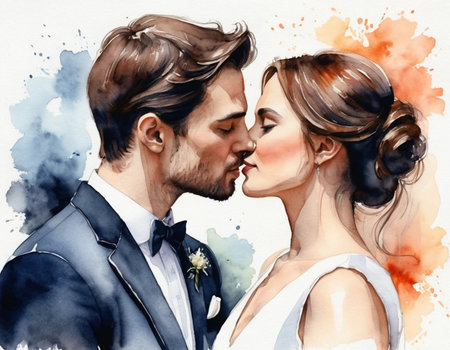 Beautiful bride and groom on a background of watercolor splashesの素材
