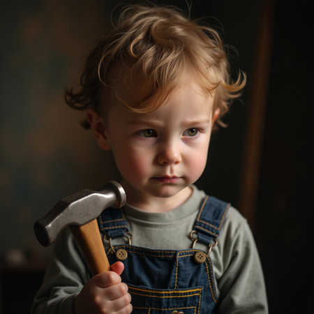 Portrait of a little boy with a hammer on a dark backgroundの素材
