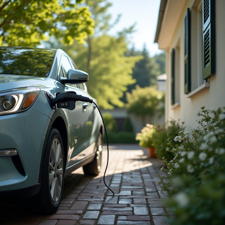 Electric car charging at a charging station. Electric vehicle charging station.の素材