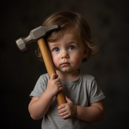 Little boy with a hammer on a dark background. Close-upの素材