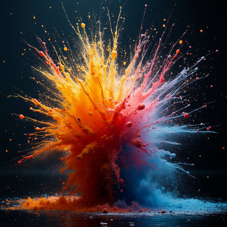 Explosion of colored paint splashes on black background. 3d renderingの素材