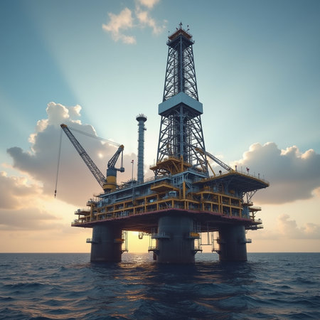 Oil and gas platform in the sea at sunset. 3d renderの素材