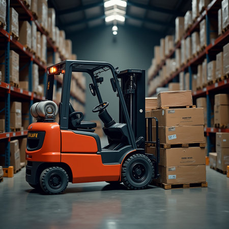 Forklift loader in warehouse. 3d rendering toned imageの素材