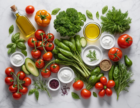 Fresh vegetables, herbs and oil on white marble background, top viewの素材
