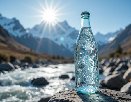 Plastic bottle with clear water on blurred background of mountain landscape.の素材
