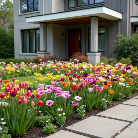 Flowerbed with colorful tulips in front of a modern houseの素材