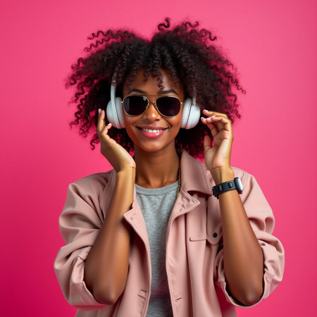 Young african american woman listening to music with headphones on pink backgroundの素材