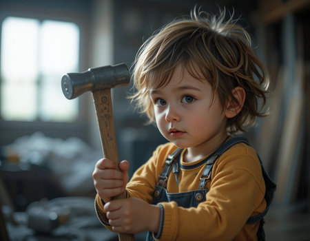 Cute little boy playing with hammer in the garage. Portrait of a childの素材