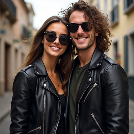 Portrait of a beautiful young couple in leather jacket and sunglasses.の素材