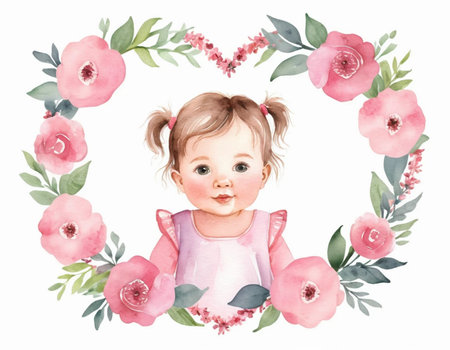 Cute baby girl in floral wreath. Watercolor illustration.の素材