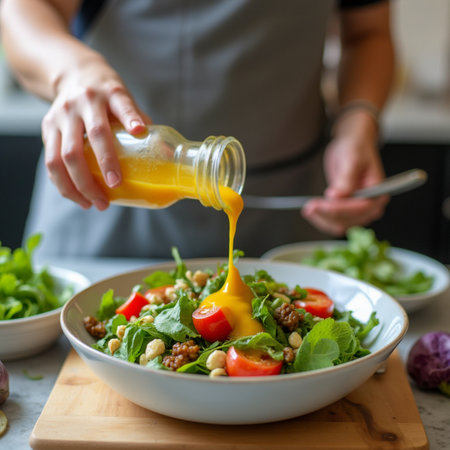 Woman pouring orange juice into salad with chickpeas and tomatoes.の素材