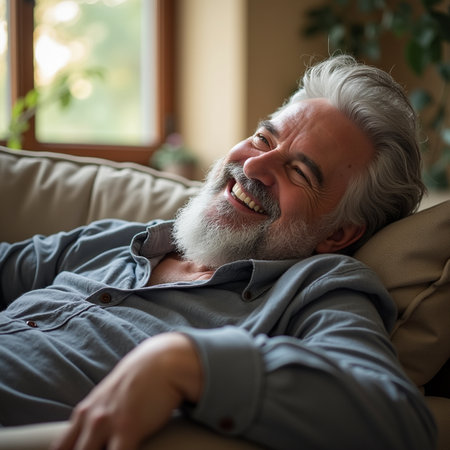 Portrait of a happy senior man relaxing on a couch at homeの素材