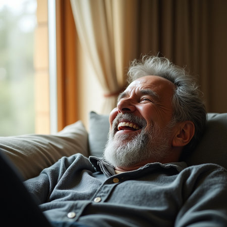 Portrait of happy senior man relaxing on sofa in living room at homeの素材