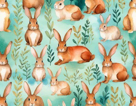 Seamless pattern with cute bunnies. Watercolor illustrationの素材
