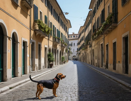 A dog walks along a narrow street in Pisa, Italy.の素材