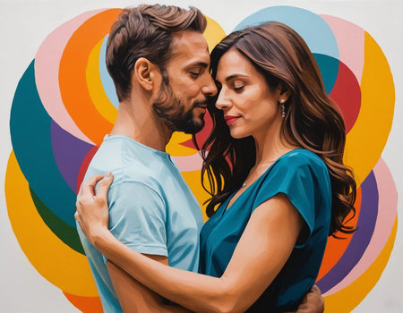 beautiful young couple hugging and looking at each other on colorful backgroundの素材