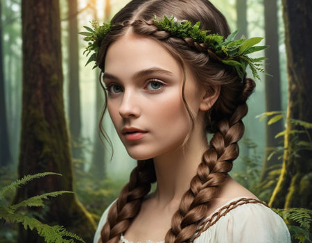 Portrait of a beautiful young woman with braids in the forestの素材