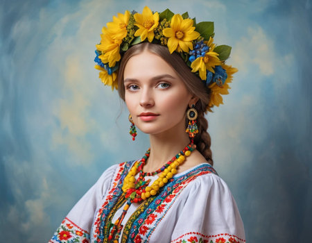 Portrait of a beautiful girl in Ukrainian national costume on a blue backgroundの素材