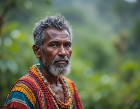 Portrait of an old man in traditional clothes at the tea plantation.の素材