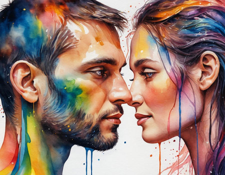 Double exposure portrait of man and woman with colorful paint splashes on white backgroundの素材