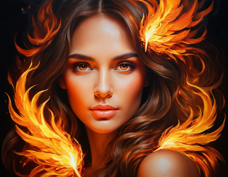 Flaming woman face close-up portrait. Portrait of beautiful young woman with fire flame on her face.の素材
