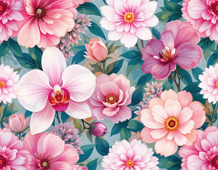 Seamless floral pattern with pink and white flowers. Vector illustration.の素材