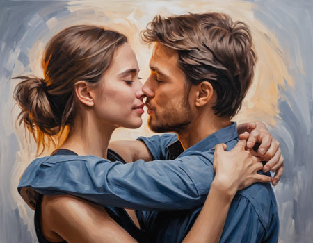 Close-up portrait of a young couple in love. The man kisses the woman.の素材